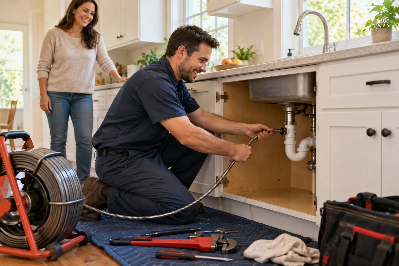 Friendly drain cleaning provider kneeling by a kitchen sink with a drain cable, helping a homeowner near Rockwood